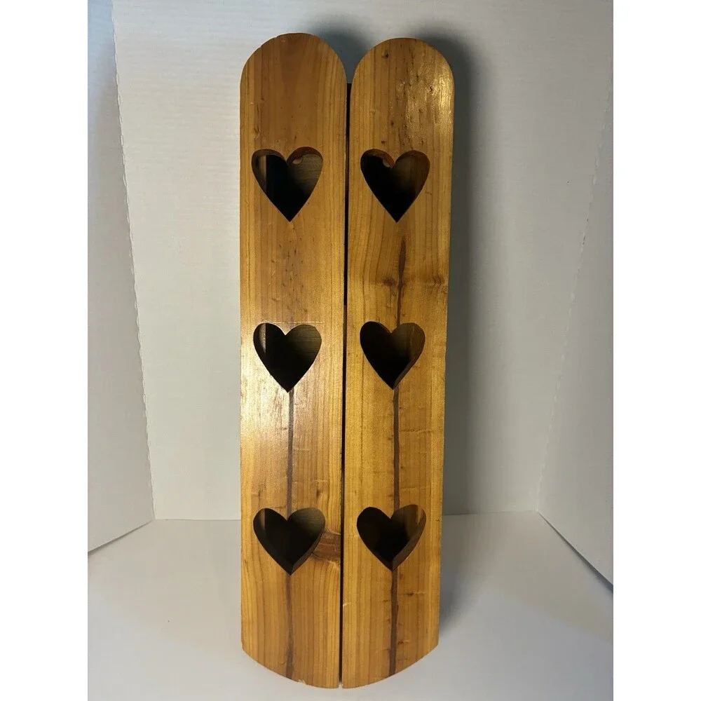 VTG 3 Tier Wall Shelf Cabinet Solid Wood Heart Cut-Out w/ Doors Pegs Farmhouse